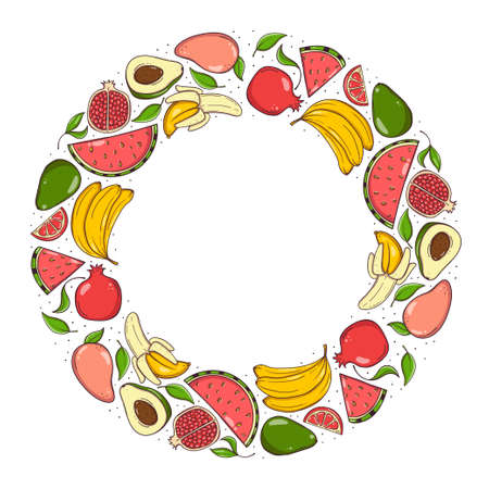Hand drawn fruit and berries wreath isolated on white backgroundのイラスト素材
