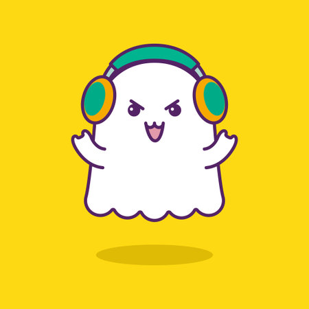 Cutie friendly ghost listening music by earphones isolated on yellow backgroundのイラスト素材