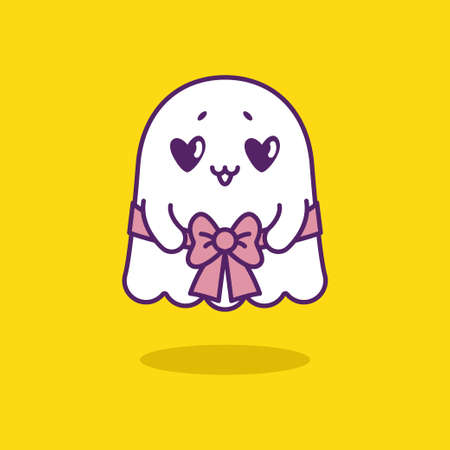Cute friendly ghost tied with a ribbon as a gift isolated on yellow backgroundのイラスト素材