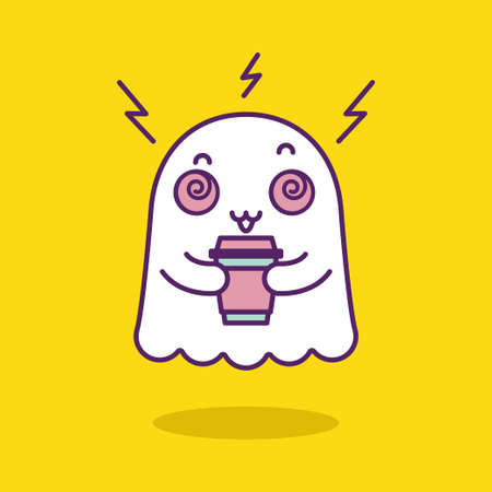 Cutie friendly ghost eating a coffee cup isolated on yellow backgroundのイラスト素材
