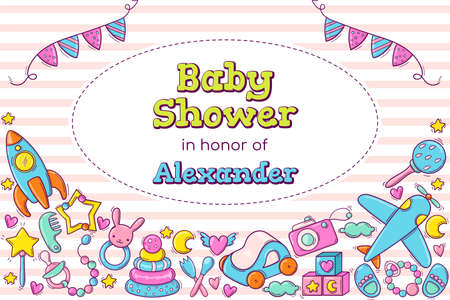Baby Shower cute greeting card template with toys. Circle text placeのイラスト素材