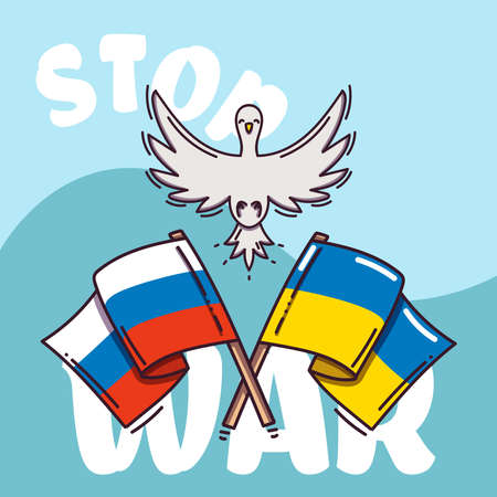 Stop War in Ukraine. Ukraine War Poster. Banner with dove and ukrainian and russian flagsのイラスト素材