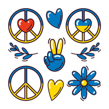 Set of pacific symbols and hearts in the colors of the Ukrainian flag isolated on white backgroundのイラスト素材