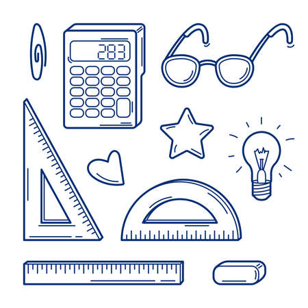 Vector line art set of school supplies for studying mathematics, geometry. Isolated on white backgroundのイラスト素材