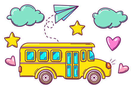 Back to School. Bright colorful set of doodles pictures, school bus, paper plane, clouds. Isolated on white backgroundのイラスト素材