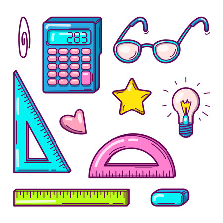 Bright colorful vector set of school supplies for studying mathematics, geometry. isolated on white background.のイラスト素材