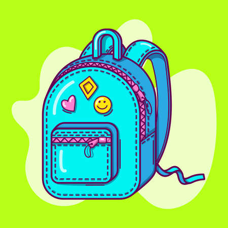 Bright blue turquoise hand drawn school backpack on green background.のイラスト素材