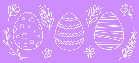 Easter Eggs with decorative elements. Set of vector illustrations in doodle style on violet backgroundのイラスト素材