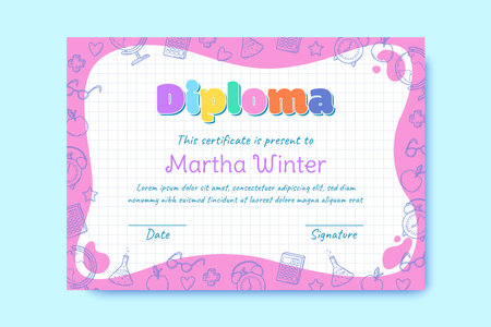 Diploma template for kids, certificate background with hand drawn school elements for kindergarten, school, preschool or playschool. Vector illustrationのイラスト素材