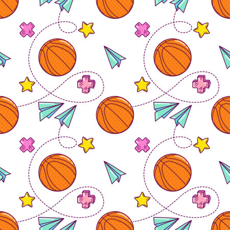 Seamless pattern with basketballs in doodle style on a white backgroundのイラスト素材