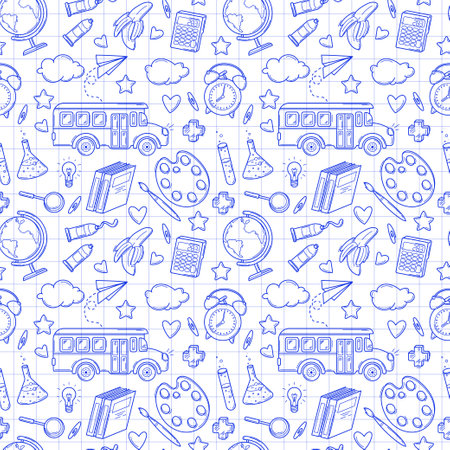Seamless pattern with school supplies and creative elements in sketch style on a white checkered background. Back to school backgroundのイラスト素材