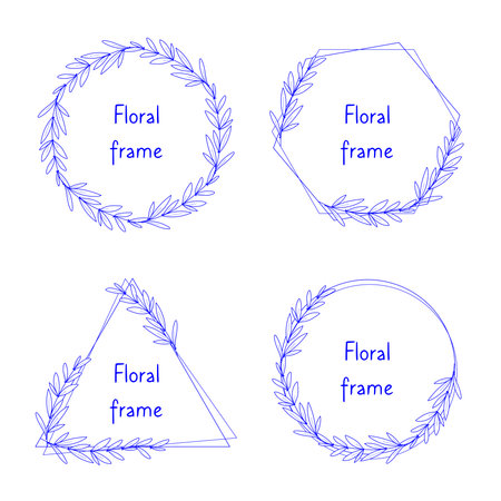 Set of minimalist herbal wreaths in different shapes. Vector hand drawn line art graphics for logo, monogram design creation and spring or summer related designのイラスト素材