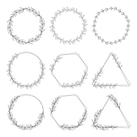 Big set of minimalistic herbal wreaths in different shapes. Vector hand drawn line art graphics for logo, monogram design creation and spring or summer related designのイラスト素材
