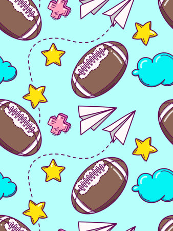 Seamless pattern with cartoon american footballs in doodle style on blue backgroundのイラスト素材