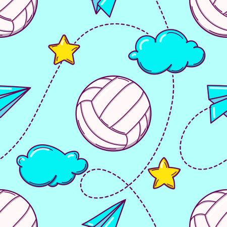 Seamless pattern with doodle style volleyballs on blue backgroundのイラスト素材