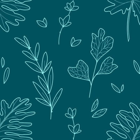 Tropical foliage background in turquoise colors. Minimalistic botanical seamless pattern. Line art of tropical palm leaves on dark blue backgroundのイラスト素材