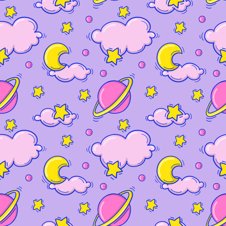 Hand drawn childish seamless pattern with pink clouds and planets on lilac background.のイラスト素材