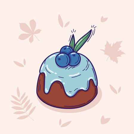 Vector bright illustration of cake with icing and blueberries in doodle style isolated on a light background with autumn leavesのイラスト素材