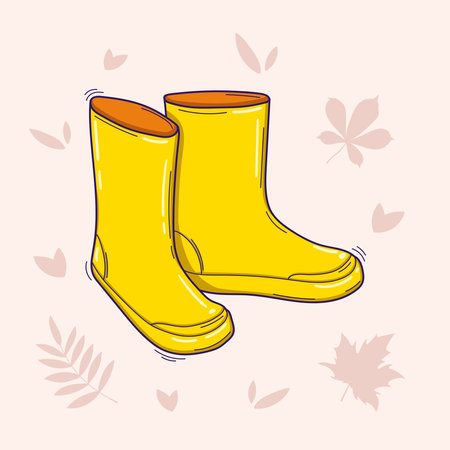 Pair of yellow rubber rain boots in doodle style. Symbol of autumn and wet weather. Vector doodle illustration isolated on a light background with autumn leavesのイラスト素材