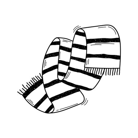 Warm winter scarf sketch. Vector black and white illustration of striped knitted scarf in doodle style isolated on white background.のイラスト素材