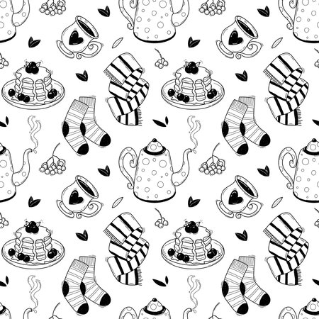 Black and white Autumn seamless pattern with cozy elements in doodle style. Vector illustration of warm clothes and delicious teaのイラスト素材