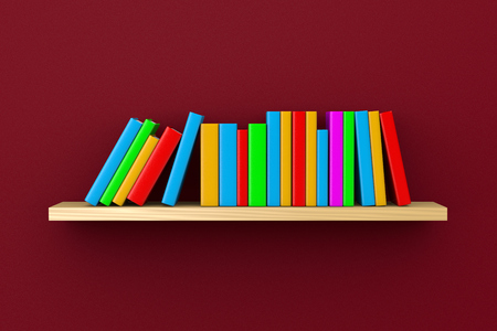 Wooden Shelf with Colorful Books on Violet Wall Background 3D Illustrationの写真素材