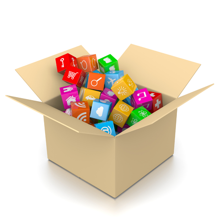 Cardboard Box Filled with App Icons Isolated on White Background 3D Illustration