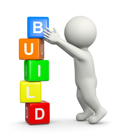 White 3D Character Building a Pile of Colorful Cubes Build Text Concept 3D Illustration on White Backgroundの写真素材