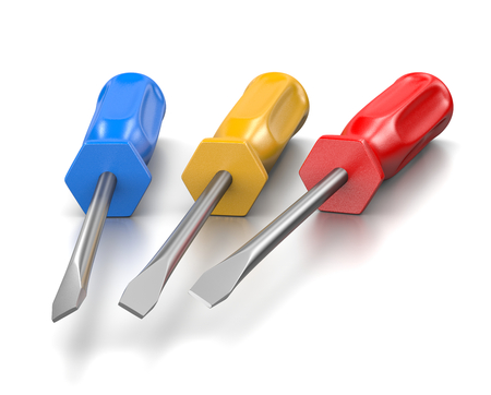 Three Blue, Red and Yellow Screwdrivers on White Background 3D Illustrationの写真素材
