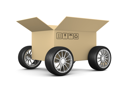 Open Cardboard Box on Wheels on White Background 3D Illustration, Shipment Conceptの写真素材