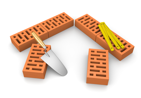 Carpenter's Meter and Trowel Leaned Against Bricks in the Shape of an House on White Background 3D Illustrationの写真素材
