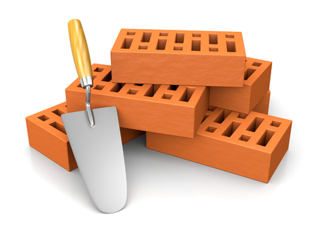 One Trowel Leaned Against a Stack of Bricks 3D Illustration on White Backgroundの写真素材