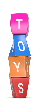 Toys White Text on Colorful Deformed Funny Cubes 3D Illustration on White Backgroundの写真素材