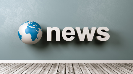 White News 3D Text Shape and Earth Globe in the Room Against Grey Wall 3D Illustrationの写真素材