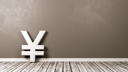 White Yen or Yuan Japanese and Chinese Currency Symbol Shape on Wooden Floor Against Grey Wall with Copy Space 3D Illustrationの写真素材