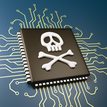 Computer Processor with Pirate Symbol Skull 3D Illustration, Security Conceptの写真素材