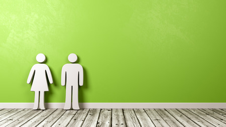 White Man and Woman Symbol Shape on Wooden Floor Against Green Wall with Copy Space 3D Illustrationの写真素材