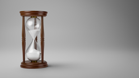 Classic Wooden Hourglass with White Sand on Gray Background with Copyspace Studio Shot 3D...