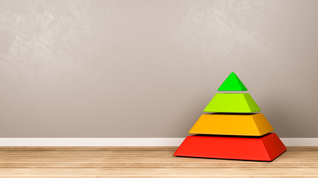 Four Levels Pyramid Structure Red to Green Color on Wooden Floor Against Gray Wall with Copy Space 3D Illustrationの写真素材