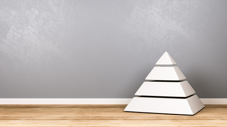 Four Levels White Pyramid on Wooden Floor Against Blue Gray Wall with Copy Space 3D Illustrationの写真素材