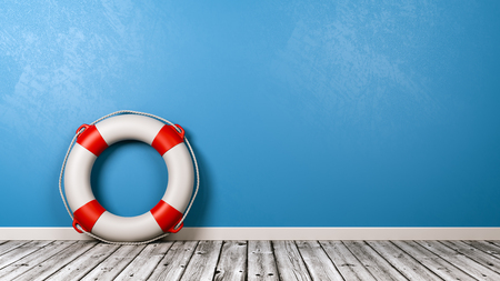 Lifebuoy on Wooden Floor Against Blue Wall with Copy Space 3D Renderの写真素材