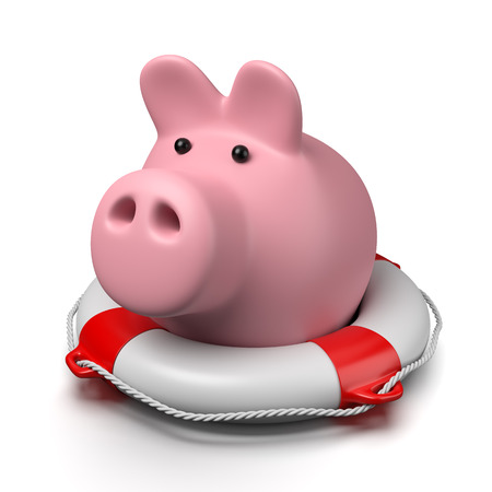 Pink Piggy Bank on a Lifebuoy on White Background 3D Illustrationの写真素材