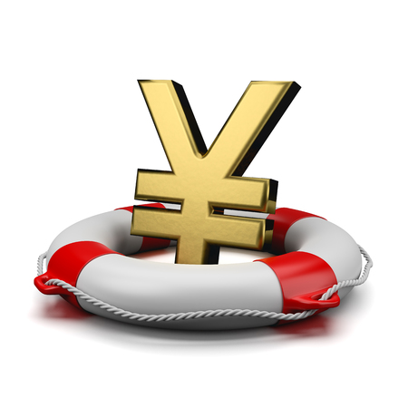 Gold Yen or Yuan Currency Symbol Shape on a Lifebuoy on White Background 3D Illustrationの写真素材