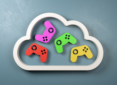 White 3D Cloud Symbol Shape with Colorful Gamepad Controllers Inside on a Blue Wall 3D Illustration,...