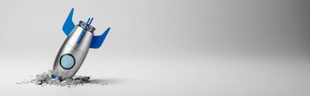 Blue and Metal Cartoon Spacecraft Crashed on White Background 3D Illustration with Copy Spaceの写真素材