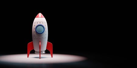 Red and White Cartoon Spaceship Spotlighted on Black Background with Copy Space 3D Illustration,...