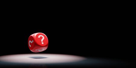 Red Dice with Question Mark on Every Face Spotlighted on Black Background with Copy Space 3D Illustrationの写真素材