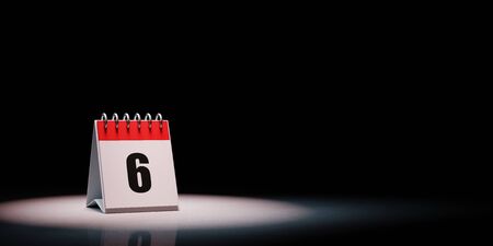 Red and White Single Day Desk Calendar Spotlighted on Black Background with Copy Space 3D Illustration, Day 6 of the Monthの写真素材