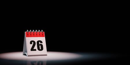 Red and White Single Day Desk Calendar Spotlighted on Black Background with Copy Space 3D Illustration, Day 26 of the Monthの写真素材