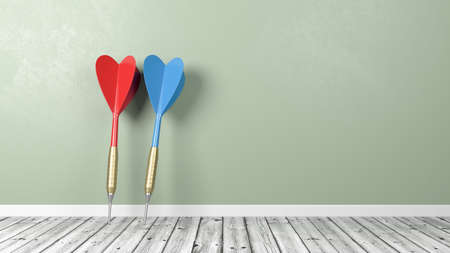 Red and Blue Darts on Wooden Floor Against Wall